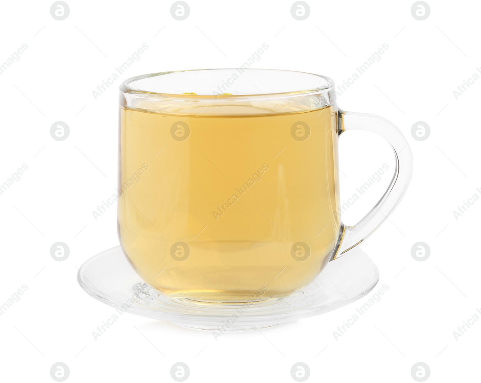 Photo of Delicious chamomile tea in glass cup isolated on white