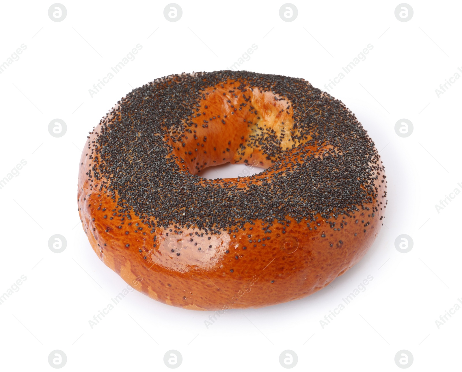 Photo of Delicious fresh bagel with poppy seeds isolated on white