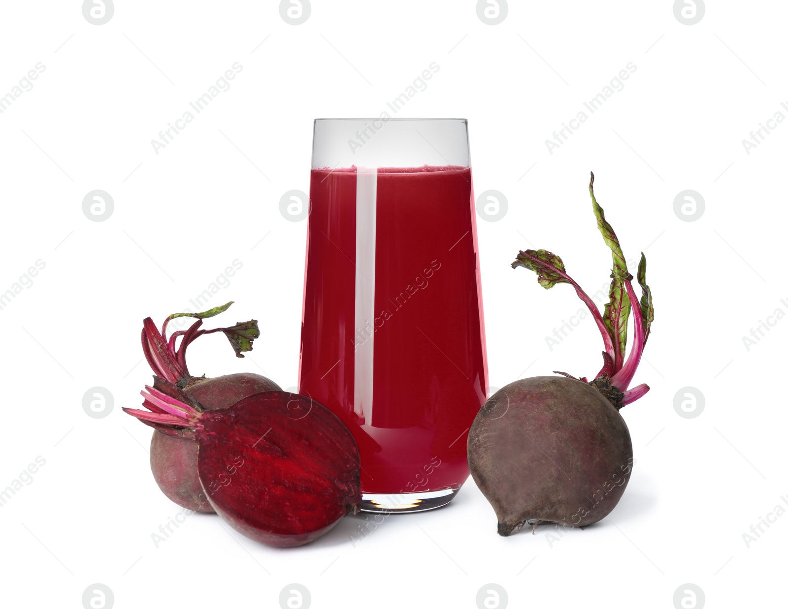 Photo of Fresh beets and juice isolated on white