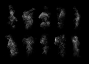 Image of White steam columns rising on black background, collage