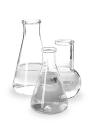 Flasks with liquid on white background. Laboratory analysis equipment