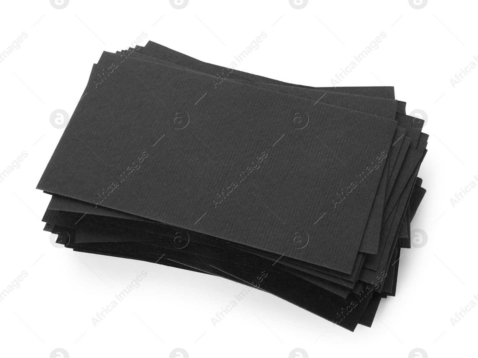 Photo of Many blank black business cards isolated on white, above view. Mockup for design