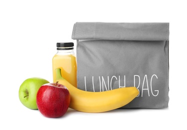 Photo of Lunch bag with healthy food for schoolchild on white background
