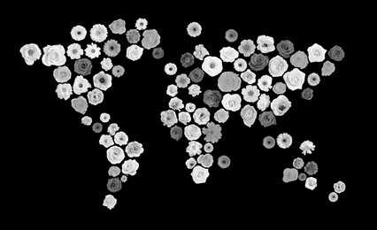 Image of World map made of beautiful flowers on black background, black and white effect. Banner design