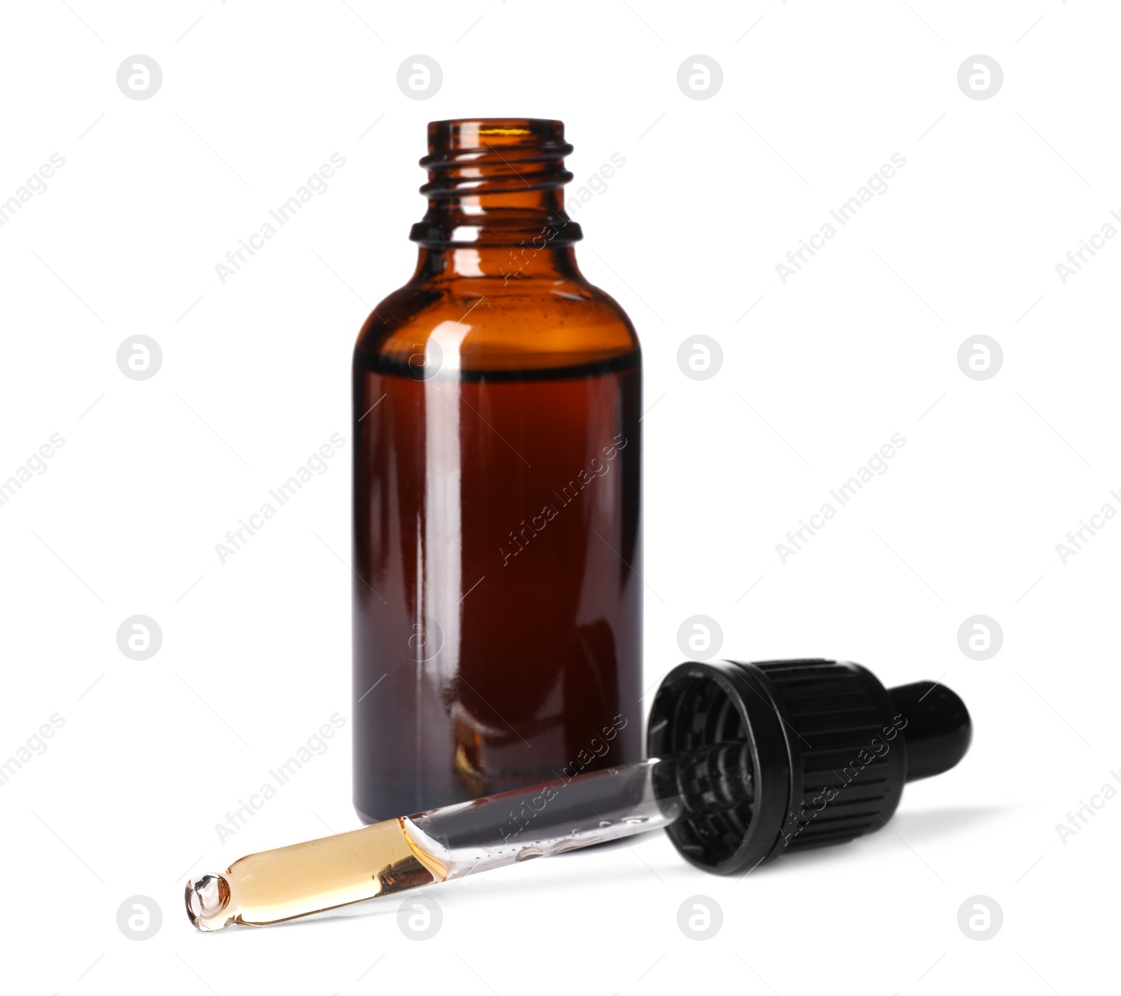 Photo of Cosmetic bottle and pipette with essential oil on white background