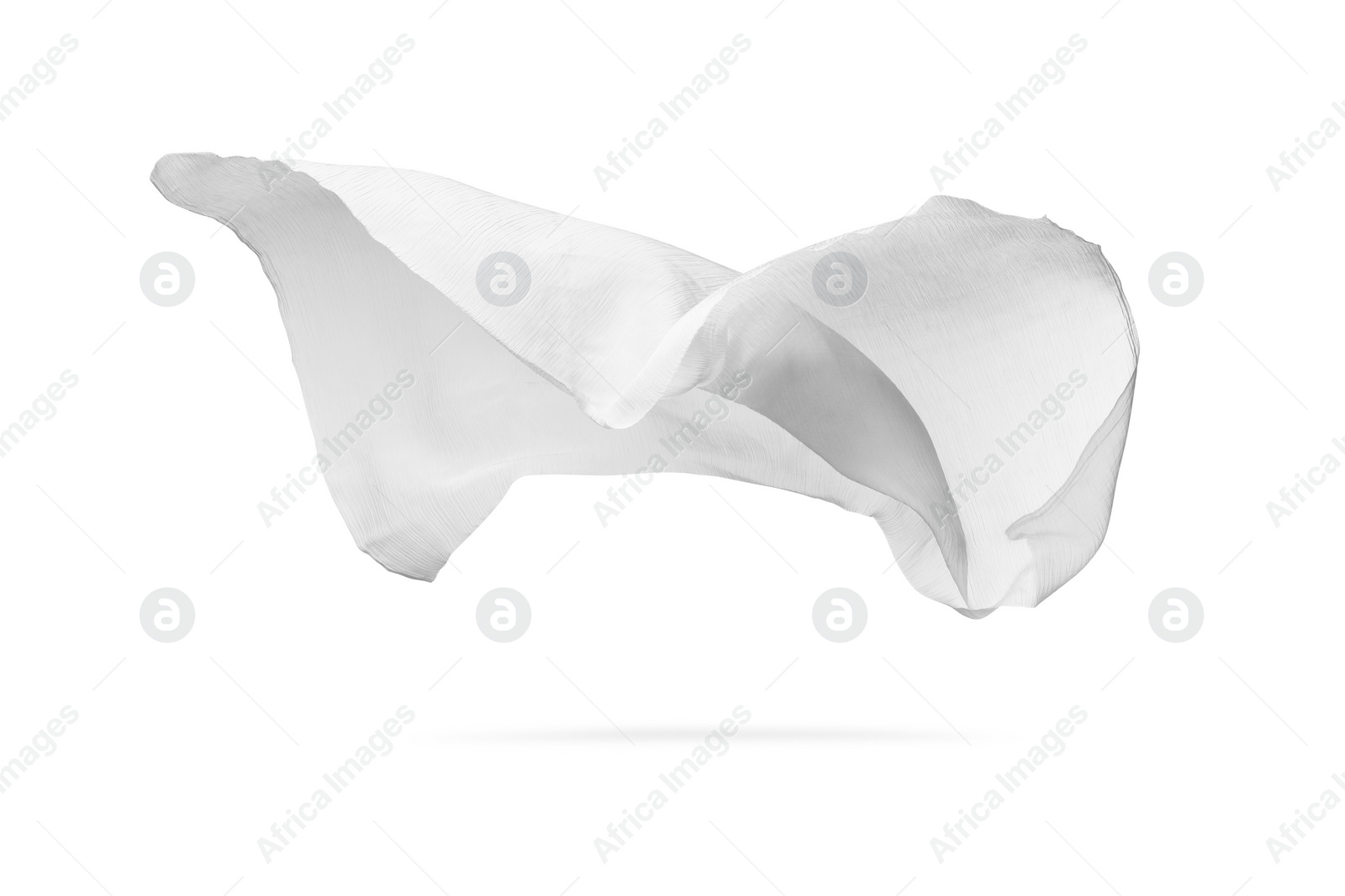 Photo of Beautiful tulle fabric flying on white background