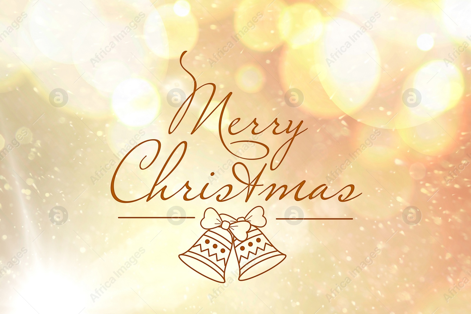 Image of Text Merry Christmas on blurred background with golden lights. Bokeh effect
