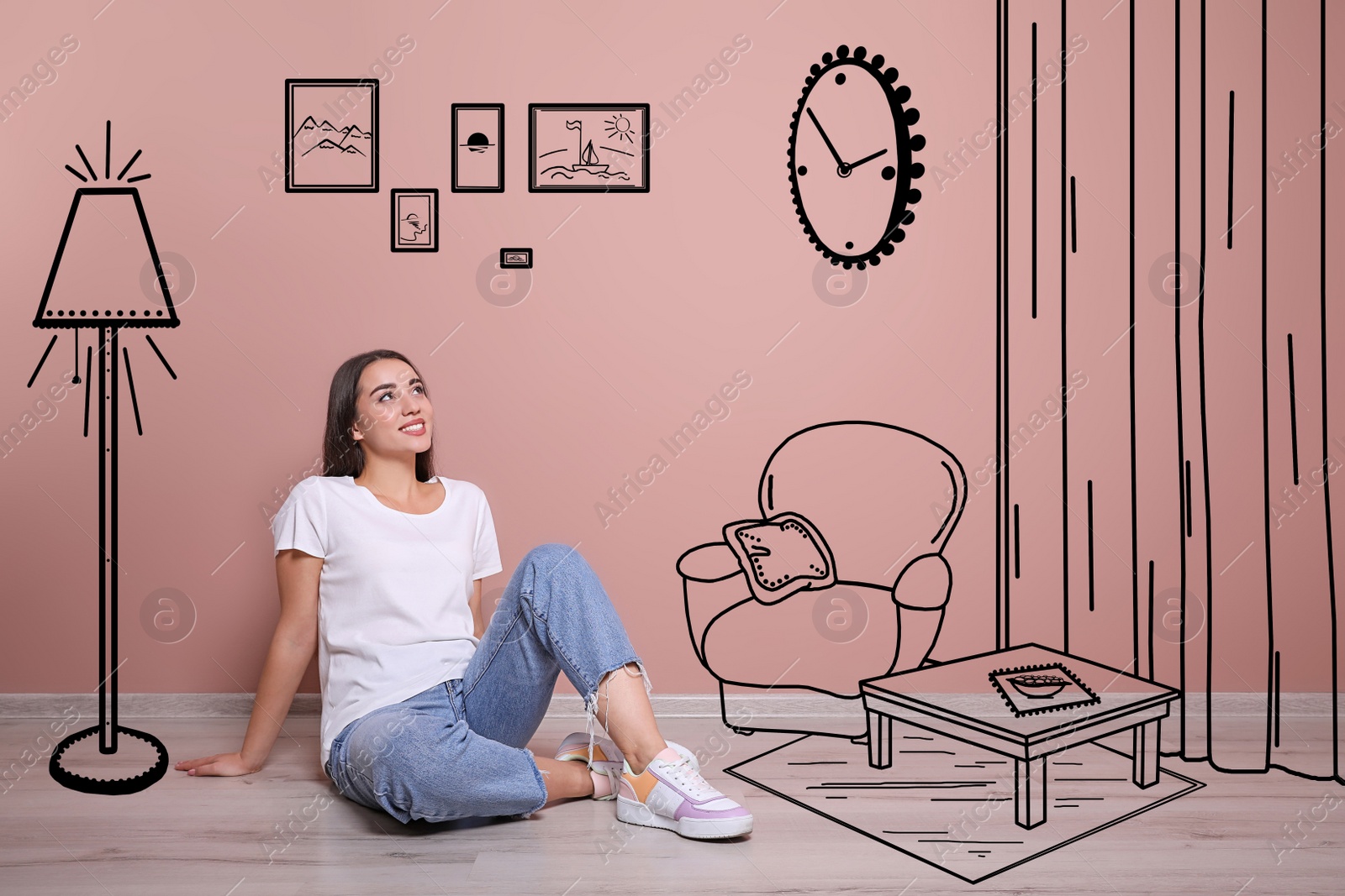 Image of Young woman dreaming about renovation on floor. Illustrated interior design