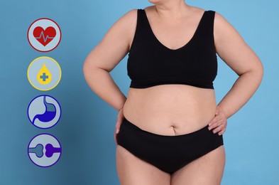Image of Virtual icons demonstrating different health problems and overweight woman on light blue background, closeup