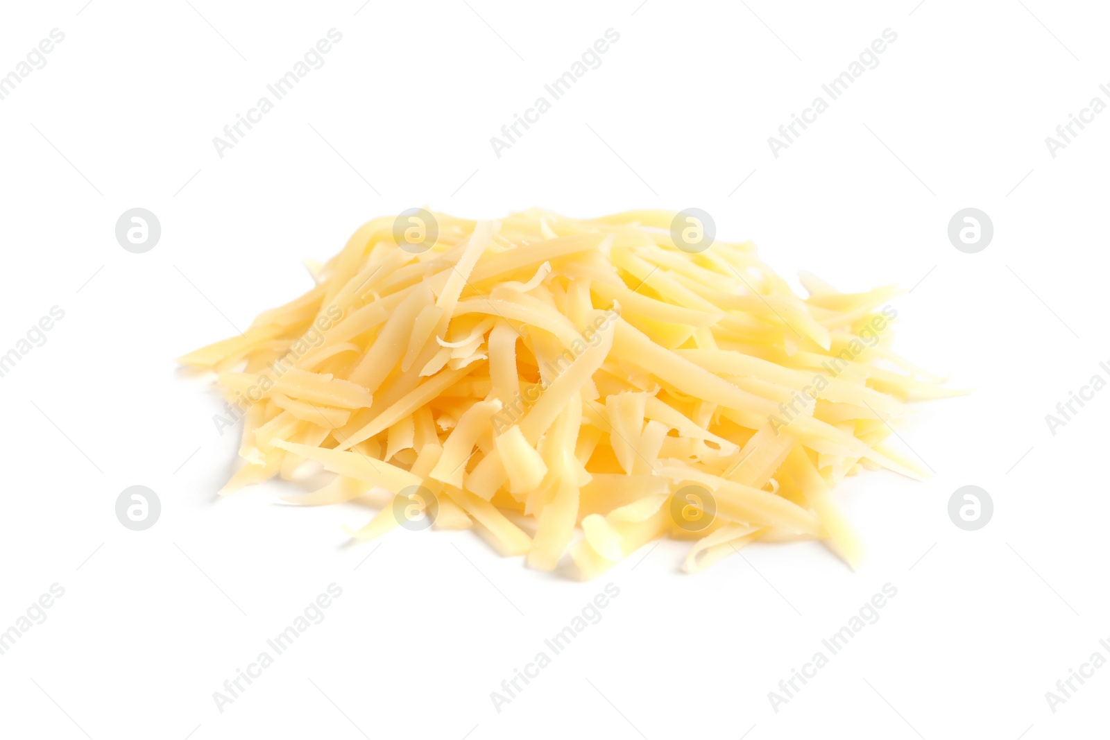 Photo of Heap of grated delicious cheese on white background