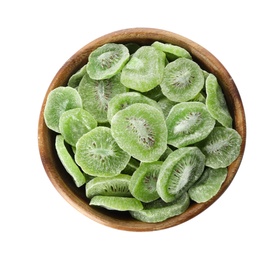Photo of Bowl with slices of kiwi on white background, top view. Dried fruit as healthy food