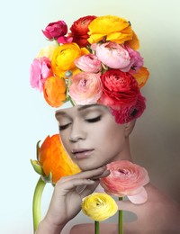 Young woman with beautiful flowers on head against color background. Stylish creative collage design