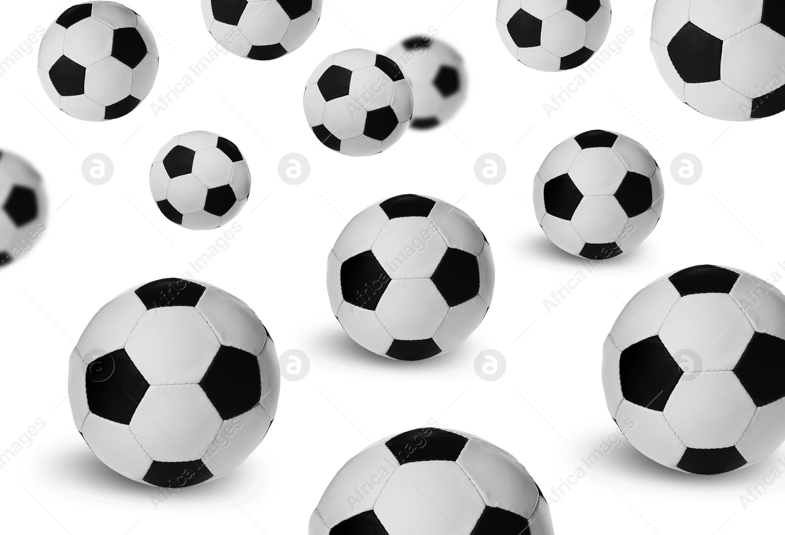 Image of Falling new soccer balls on white background