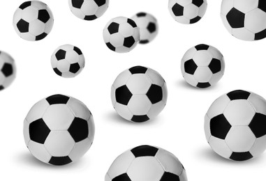 Image of Falling new soccer balls on white background