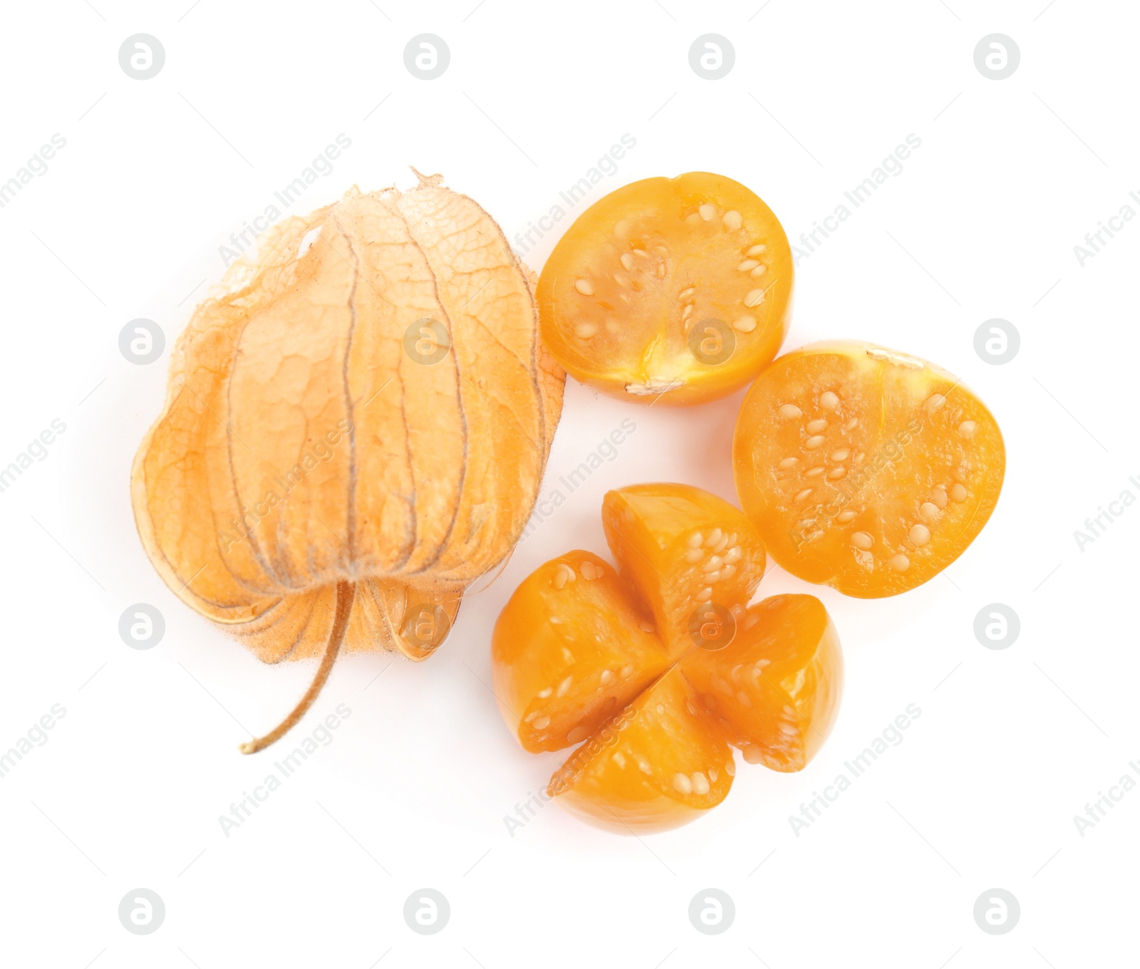 Photo of Cut and whole ripe physalis fruits with dry husk on white background, top view