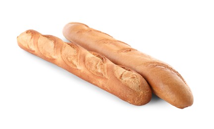 Photo of Tasty baguettes on white background. Fresh bread