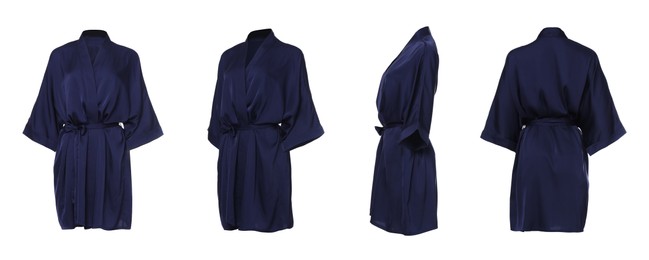 Image of Collage with dark blue silk bathrobe on white background, different views