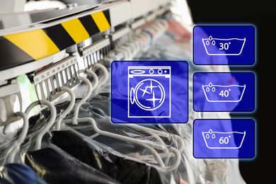 Different icons and hangers with clothes on garment conveyor at dry-cleaner's