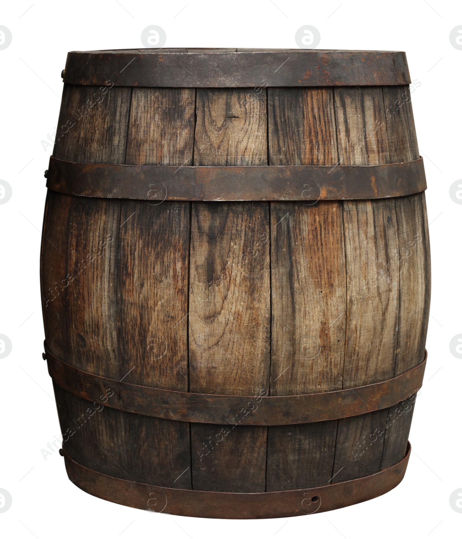 Image of One wooden barrel with metal hoops isolated on white