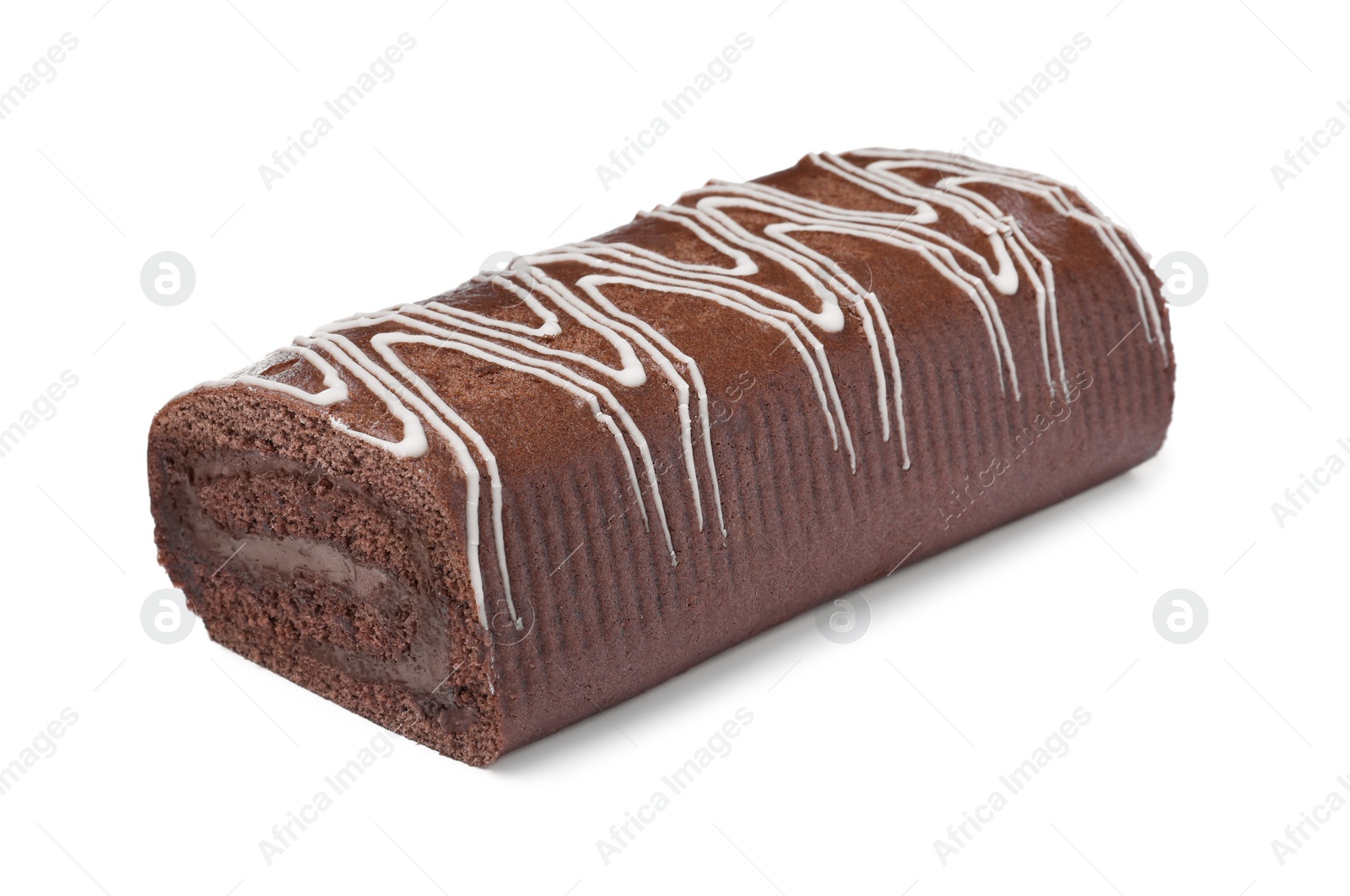 Photo of Tasty chocolate cake roll isolated on white