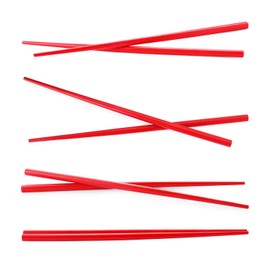 Image of Collage with red chopsticks isolated on white