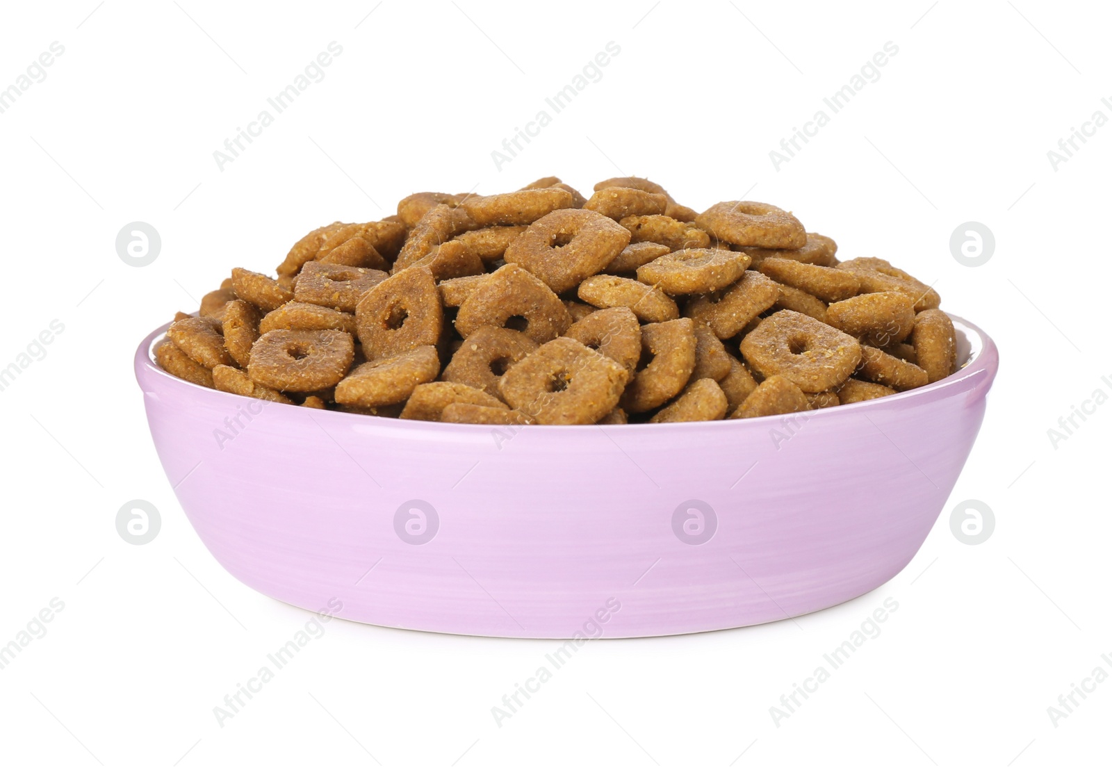 Photo of Dry food in violet pet bowl isolated on white