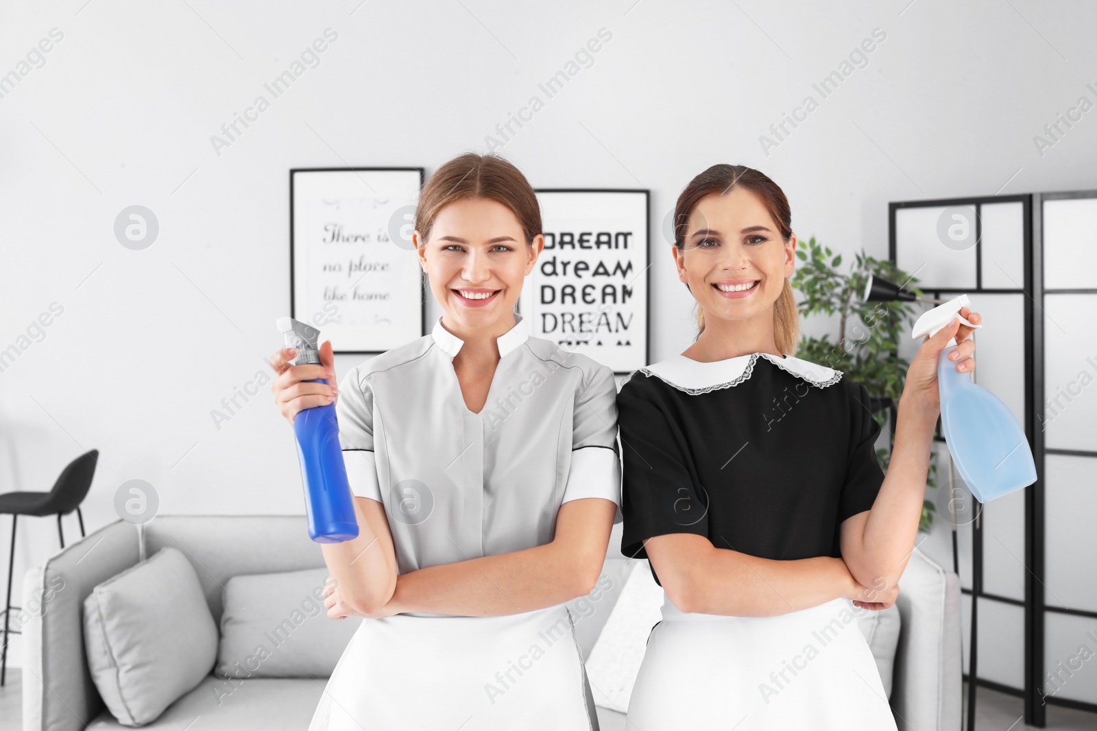 Photo of Professional chambermaids holding detergents in hotel room