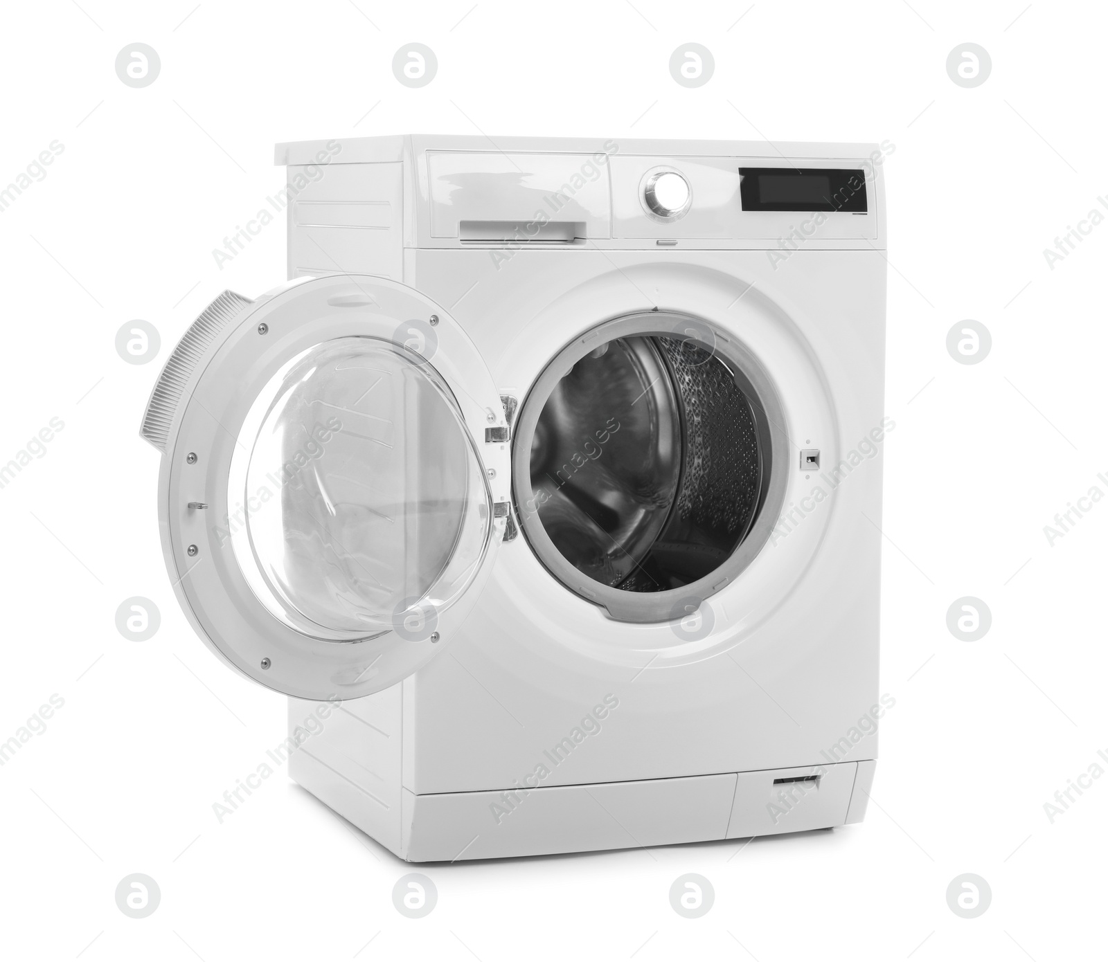 Photo of Modern washing machine on white background. Laundry day