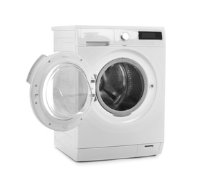 Photo of Modern washing machine on white background. Laundry day