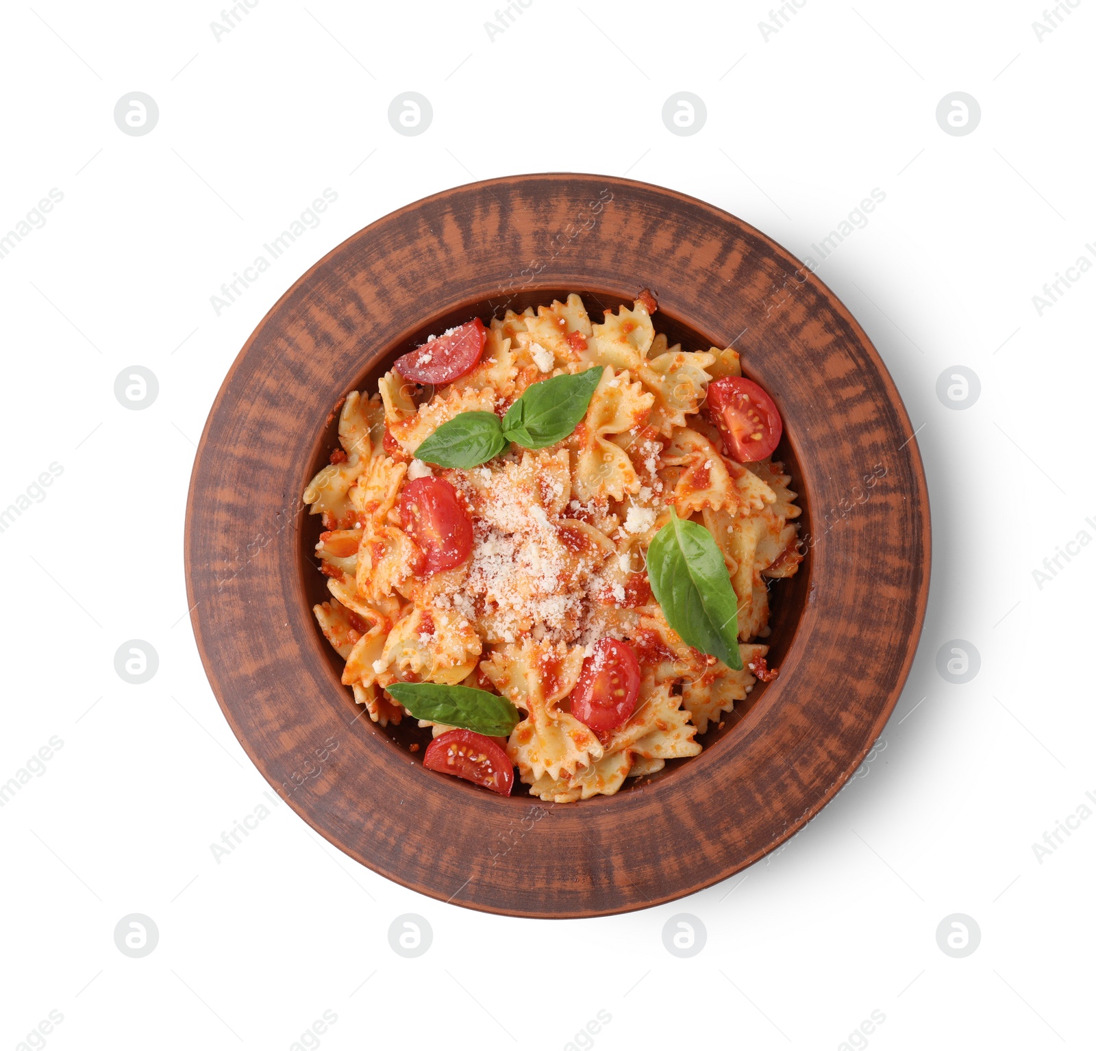 Photo of Tasty pasta with tomato, cheese and basil isolated on white, top view