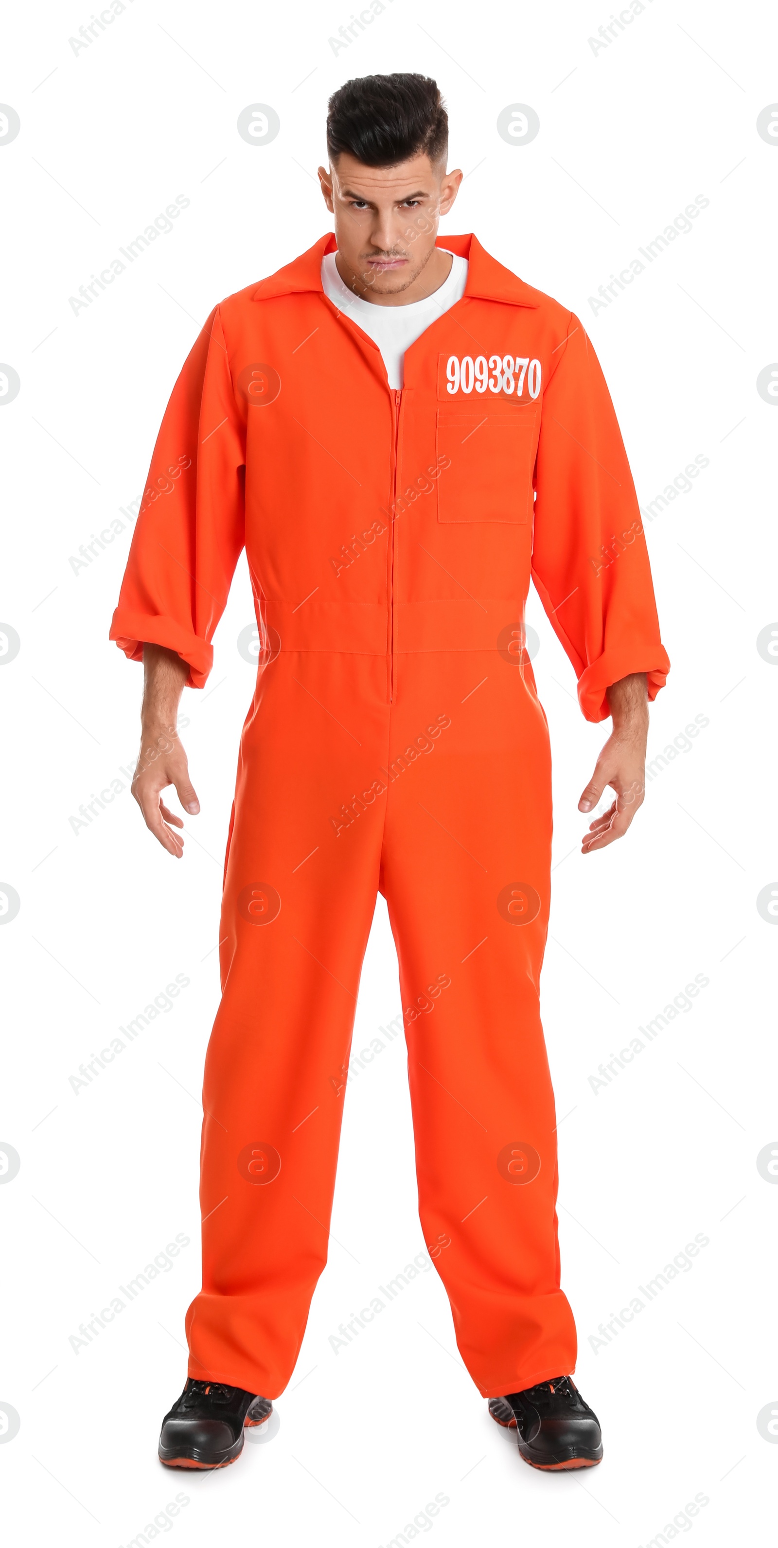 Photo of Prisoner in orange jumpsuit on white background