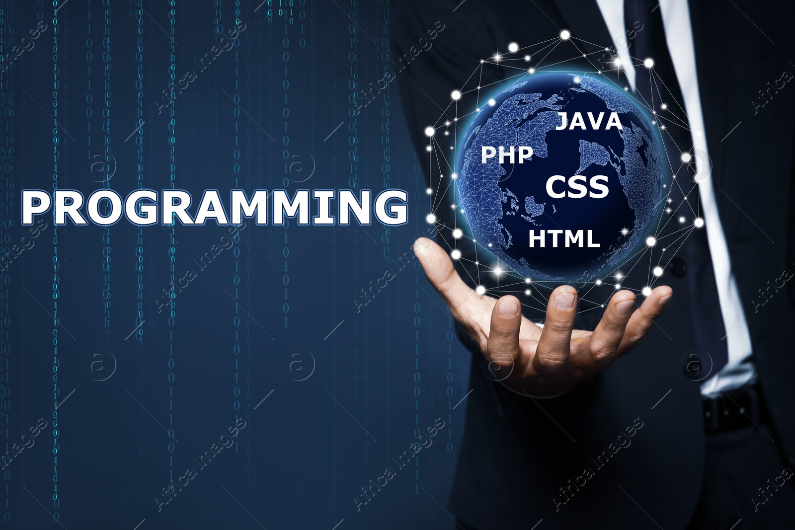 Image of Businessman demonstrating virtual image of globe, closeup. Programming and coding 