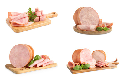 Image of Set of tasty hams on white background