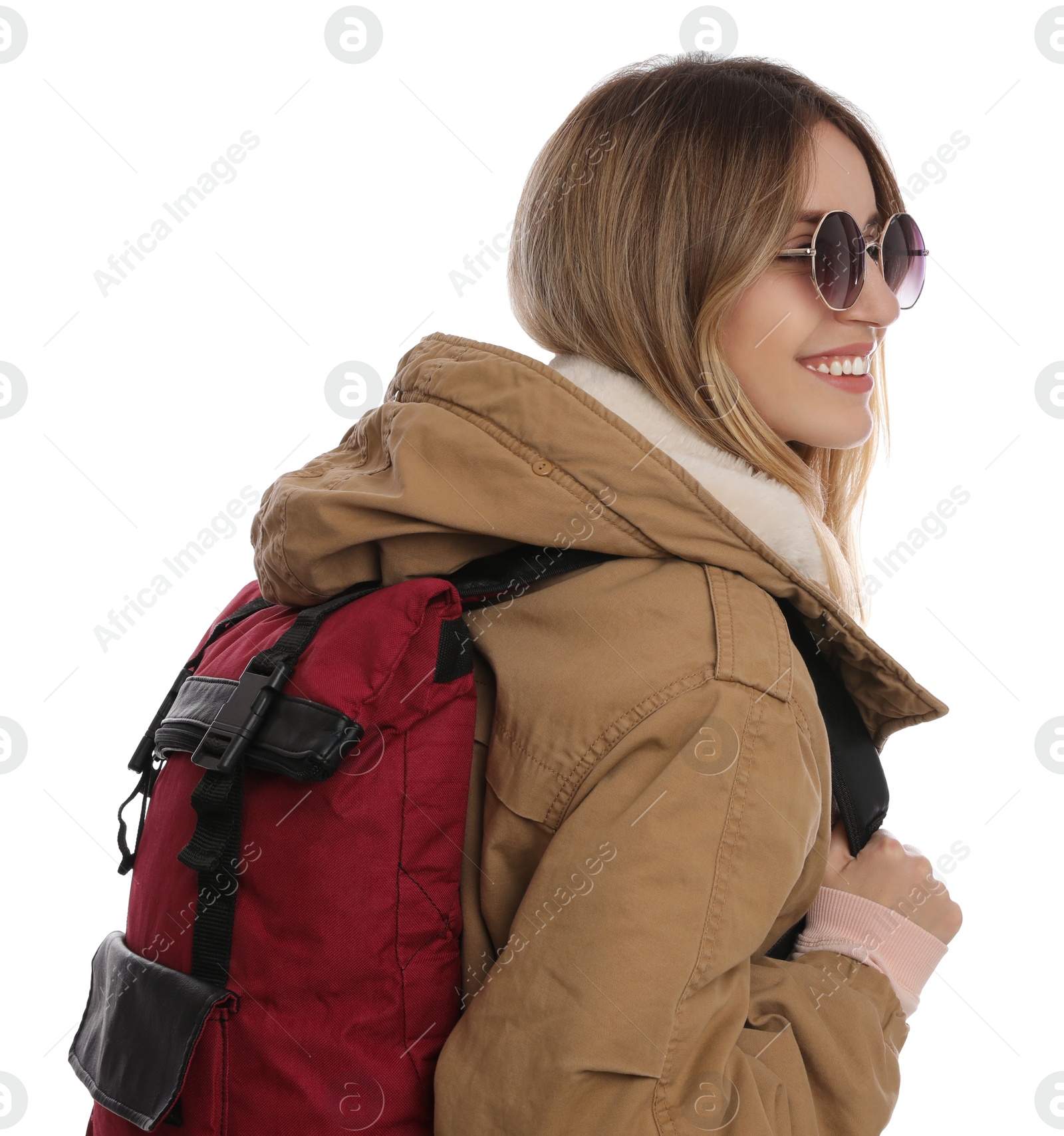 Photo of Woman with backpack on white background. Winter travel