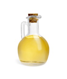 Glass jug of cooking oil isolated on white