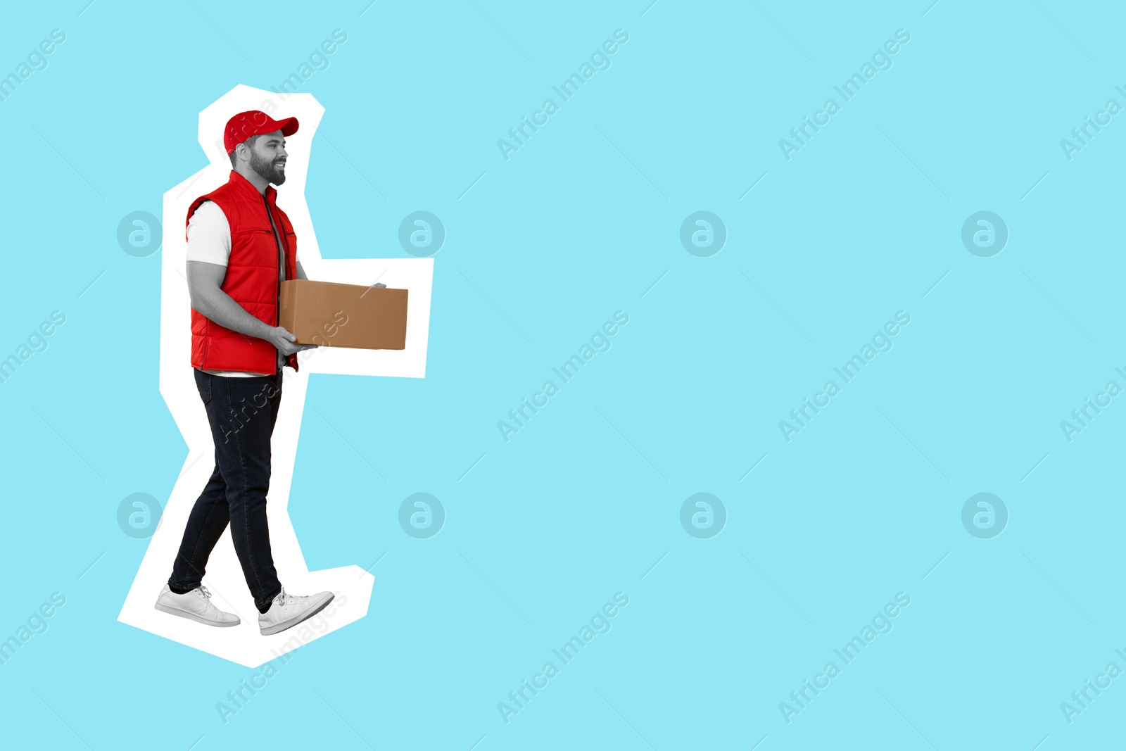 Image of Happy courier with parcel on light blue background, space for text
