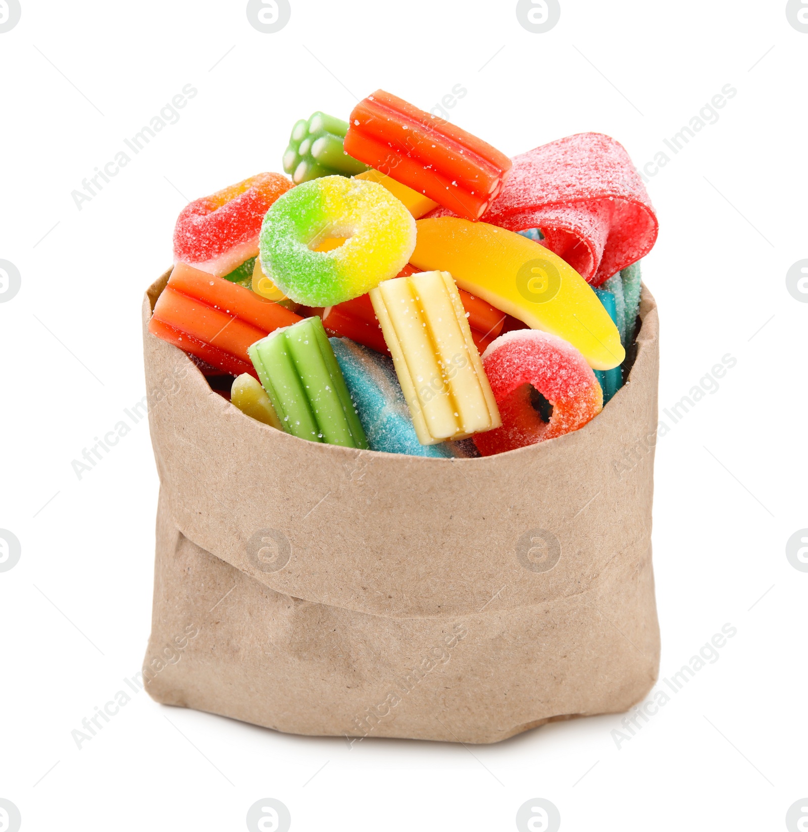 Photo of Paper bag of tasty colorful jelly candies on white background