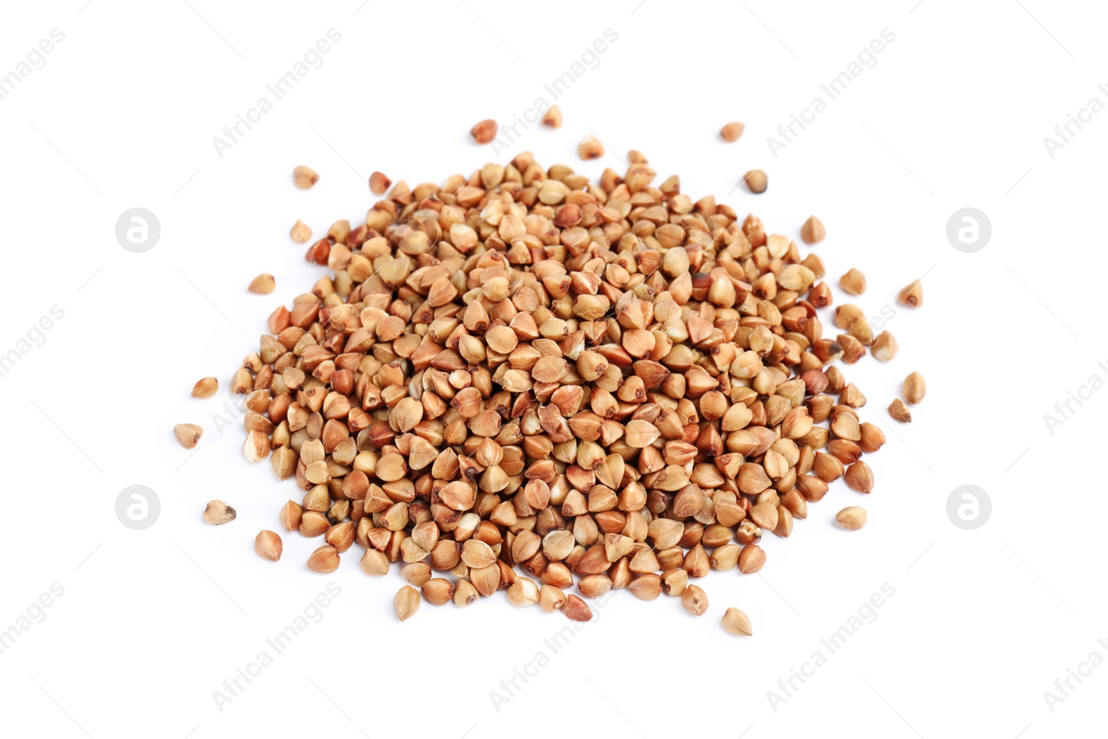 Photo of Uncooked buckwheat on white background. Healthy diet