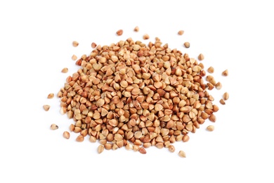 Photo of Uncooked buckwheat on white background. Healthy diet