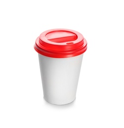 Photo of Takeaway paper coffee cup with lid on white background. Space for design