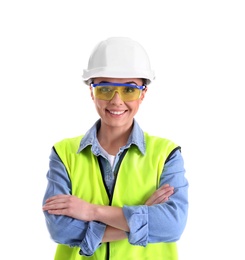 Female industrial engineer in uniform on white background. Safety equipment