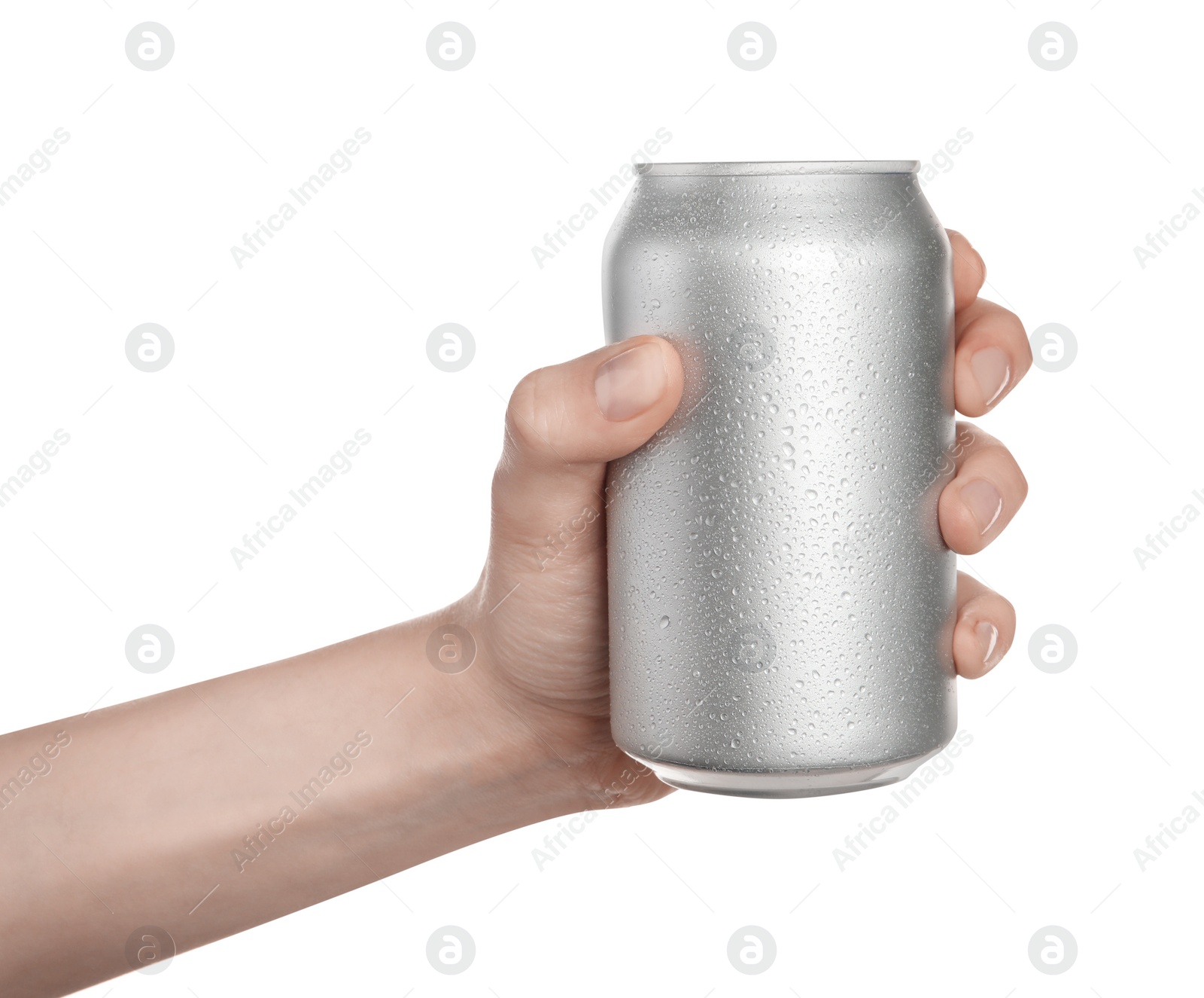 Photo of Woman holding aluminum can on white background, closeup