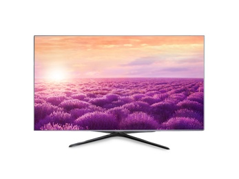 Image of Modern wide screen TV monitor showing bright lavender field, isolated on white