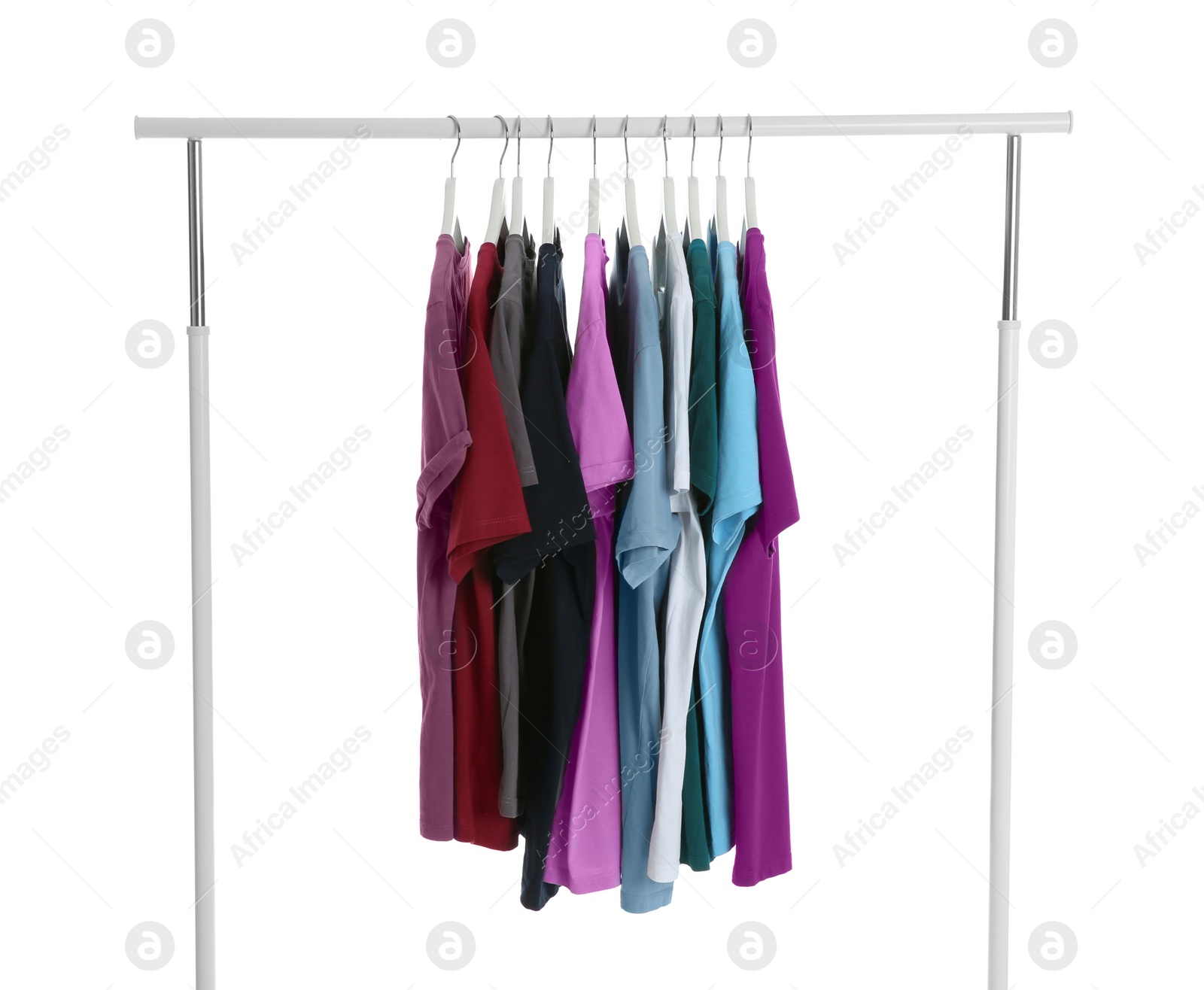 Photo of Wardrobe rack with men clothes on white background