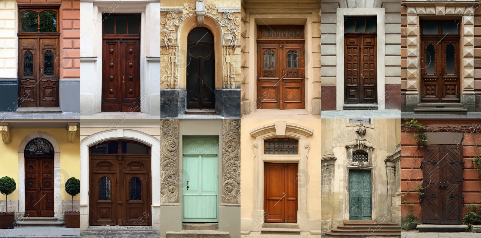 Image of Collage with photos of old buildings with elegant wooden doors. Banner design