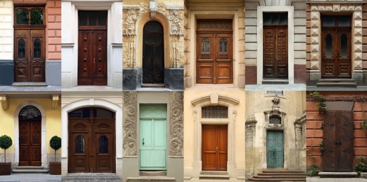 Image of Collage with photos of old buildings with elegant wooden doors. Banner design