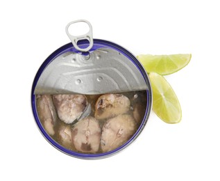 Photo of Open tin can with mackerel chunks and lime on white background, top view