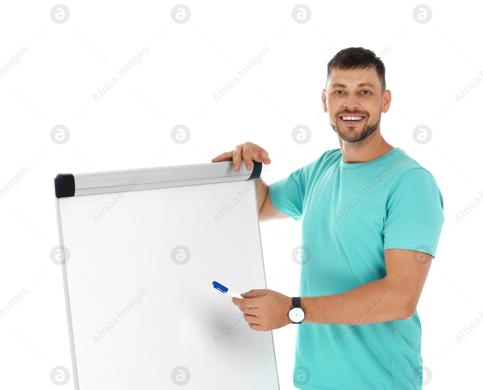 Photo of Professional business trainer near flip chart board on white background. Space for text