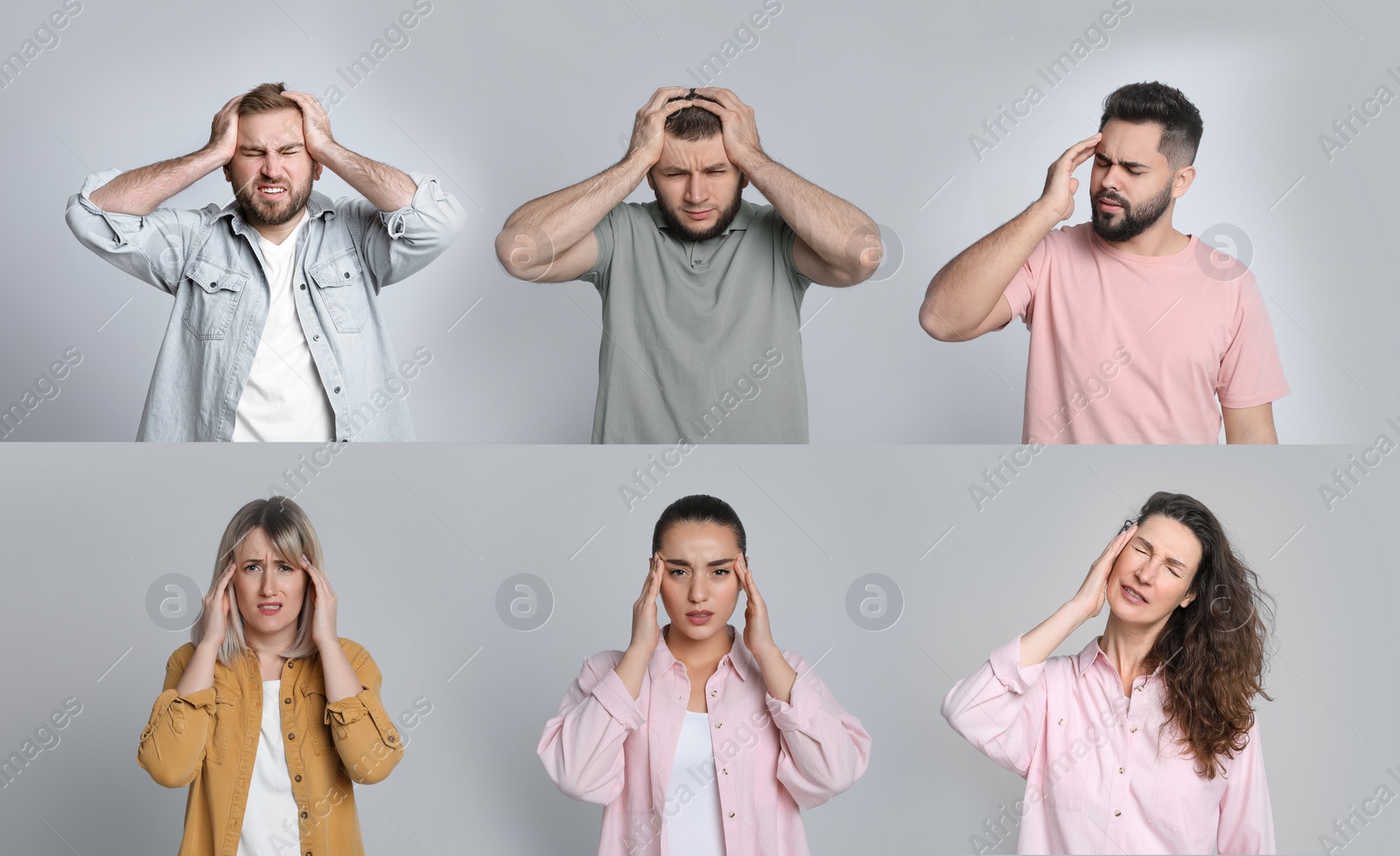 Image of Collage with photos of people suffering from headache on light grey background. Banner design