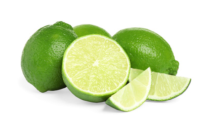 Fresh ripe green limes isolated on white